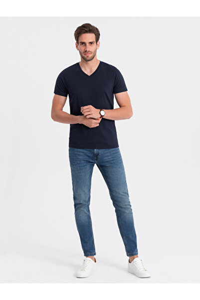 OMBRE Pánské klasické bavlněné tričko BASIC s kulatým výstřihem - tmavě modré V2 OM-TSBS-0145 L