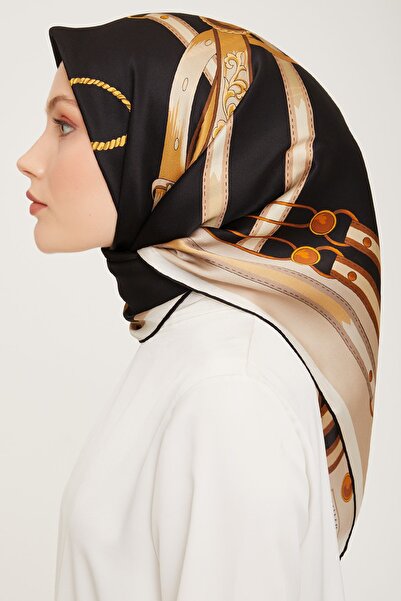 Armine Nostalji Serisi Ipek Sura Eşarp 9046ds-08 Geometrik Desen Bej-siyah