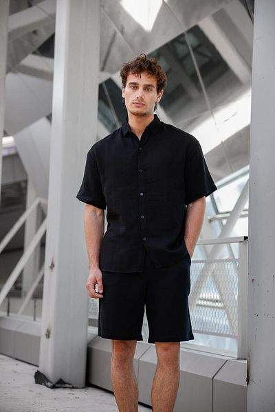 Pobudo Black Color Linen Look Muslin Summer Set - Shirt and Shorts Men's Set