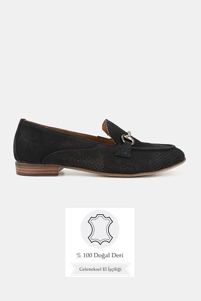 TUNAELLİ Women's Black Nubuck Genuine Natural Leather 36-41 Number Buckle Ballet