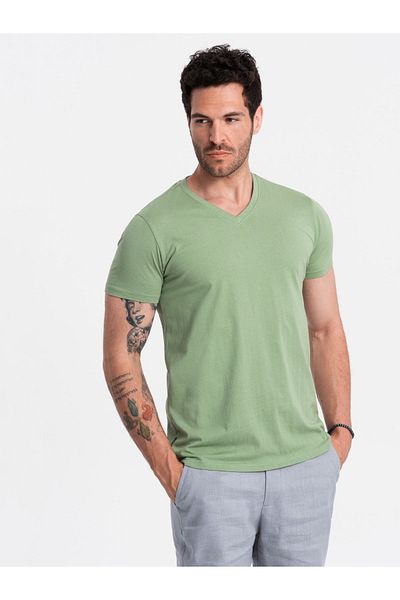 OMBRE BASIC Herren Baumwoll T-Shirt mit V-Ausschnitt - Grün V11 OM-TSBS-0145 M