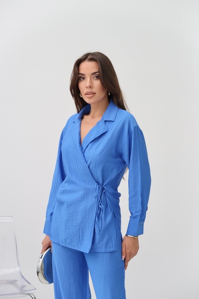 Paw Garage Women's Zarae Double Breasted Collar Side Tie Suit, Summer Shirt-Pants Set
