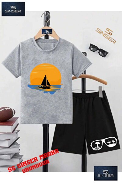 SS SİNSER Kids “Sailing Sun Black“ Custom Printed Crew Neck T-Shirt - Shorts Set