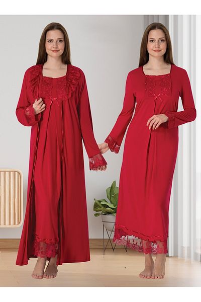 BLACKMORE Fuchsia Special Lace Design Maternity Nightgown-Dressing Gown and Pajama Set Set of 4