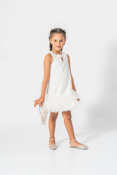 Magu Girl's Ecru Sequin Embroidered Bow Tulle Evening Dress