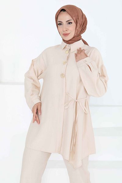 TOFİSA Waist Tie Double Suit Beige - 27180