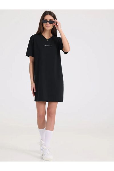 ELNOYA Unisex Cotton Black Oversize "Minimalist" Printed Crew Neck Comfortable Nightdress
