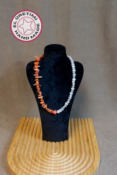 Uretti - Özlem 9422 6333 قلادة مصنوعة يدويًا من حجر المرجان واللؤلؤ الباروكي