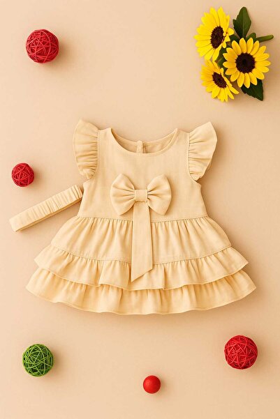 OPPOMİO Kız Çocuk Fırfırlı Elbise ve Şapka Bandana Takımı