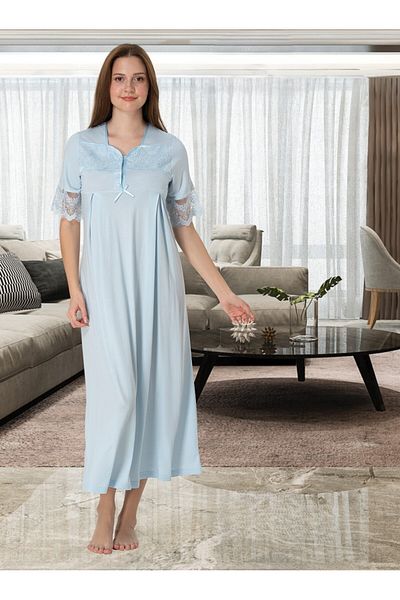 BLACKMORE Set de 4 cămașă de noapte pentru maternitate și pijamale cu mâneci albastre și guler cu design din dantelă