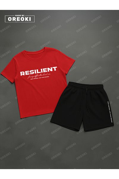 EFFRENATU Durable Printed Cotton Fabric Men's Red T-Shirt-Siayh Shorts Set