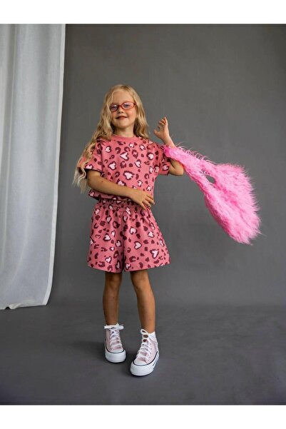 Magu Girls Cotton Dusty Rose Heart Print Leopard Crop T-Shirt and Shorts Set