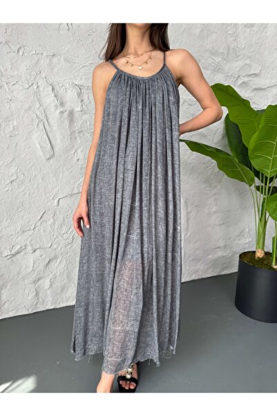 Elif Özbey Butik Anthracite Washed Linen Dress with Rope Strap