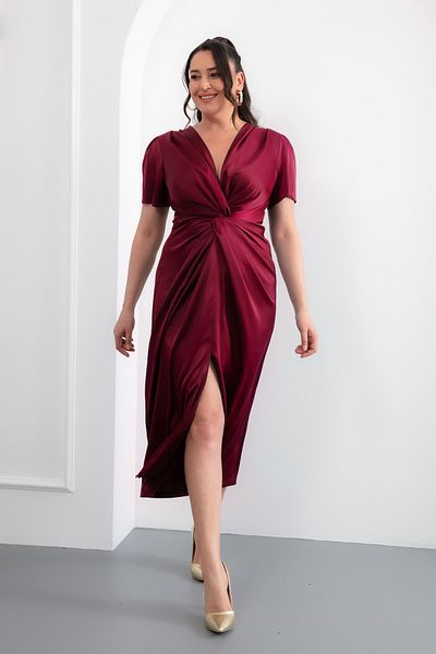 Lafaba Women's Burgundy Knot Detailed Plus Size Midi Satin Dress