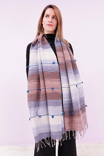 Defne&Apollon İpekçilik Hand-Woven Wool Shawl 65 X 205 cm - Blue-Brown