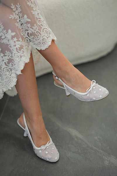 Parponi Bow Women's Bow Stone Mesh Evening Dress Shoes White