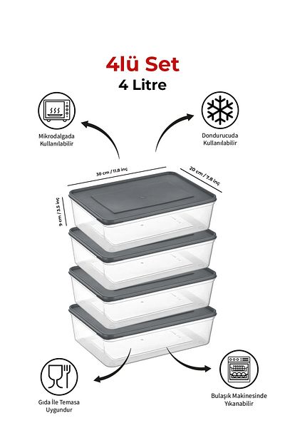 Espas Home Freshkeep Storage Container Set of 4 Suitable for Microwave and Deep Freezer - Gray / 4*4000 ml