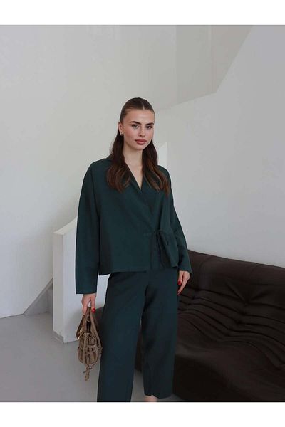 ZENİSO BUTİK Bel Tie Shirt & Blouse Pants Set Women's Double Set