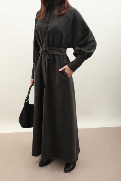 ZÜLAYS Dokulu Vintage Elbise Antrasit