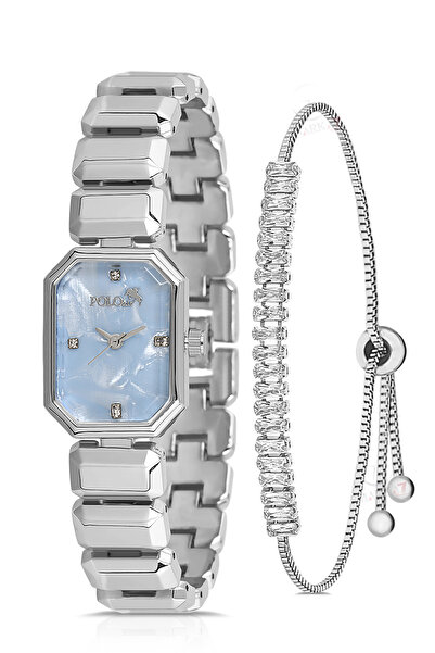 Polo Air Zarif Dikdörtgen Kasa Kadın Kol Saati Zirkon Taşlı Baget Bileklik Kombin Gümüş Mavi Renk PL-1532B5