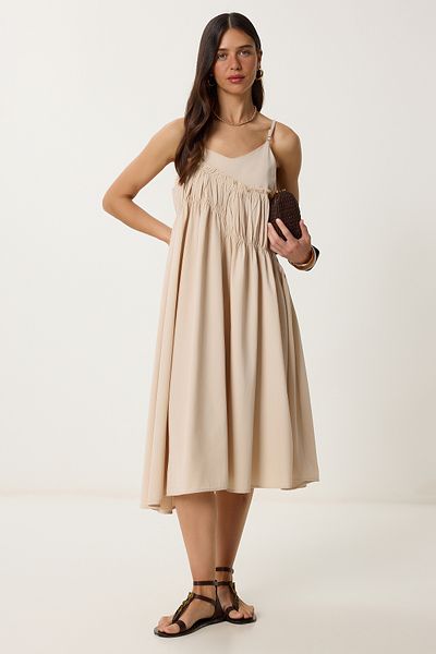Lovelyİstanbul Summer Woven Dress with Strap Cream Lrc0002