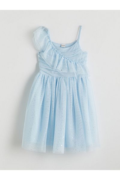LC Waikiki Φόρεμα με έναν ώμο με βολάν με λεπτομέρειες Sparkly Girl's Blue βραδινό φόρεμα