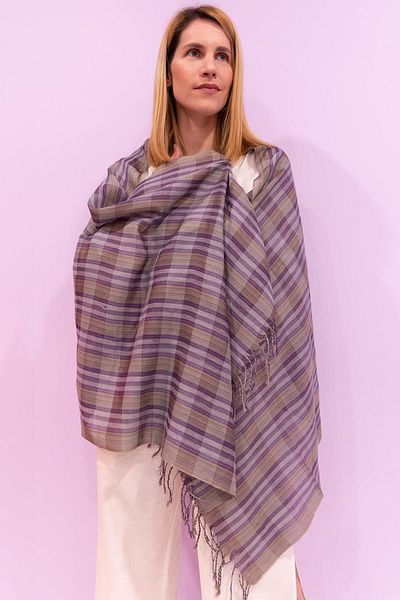 Defne&Apollon İpekçilik Hand-Woven Peace Silk Plaid Pattern Shawl 70 X 190 cm - Purple