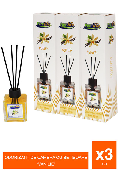 PureLife Set 3 x Odorizant de cameră cu bețișoare PureLife – Vanilie – 120 ml