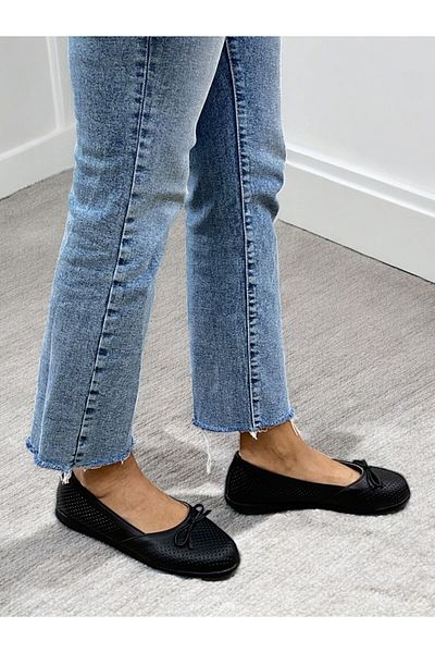 PLUSH STUDIO ISTANBUL Genuine Leather Women's Black Ballerina Shoes - Comfortable and Stylish for Daily Use