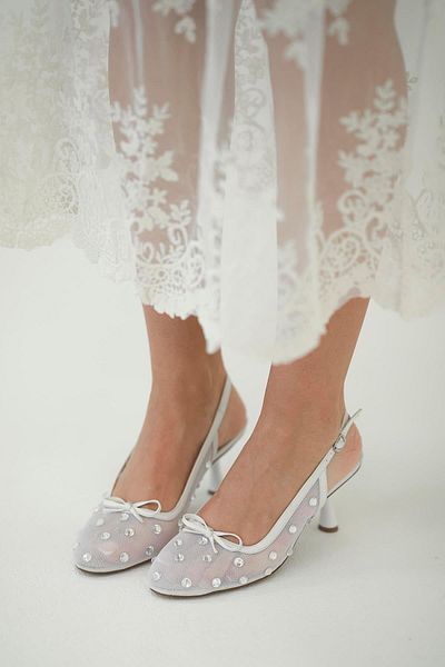 Parponi Bow Women's Bow Stone Mesh Evening Dress Shoes White