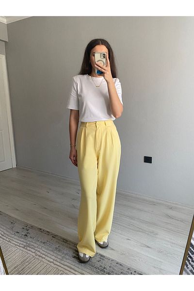 Niceboutique High Waist Clamp Detailed Palazzo Fabric Trousers