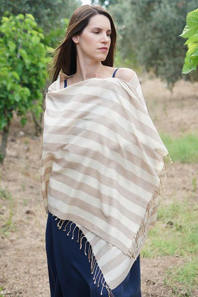 Defne&Apollon İpekçilik 100% Raw Silk Handwoven Stick Shawl 70 X 175 cm - Natural
