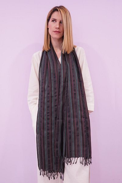 Defne&Apollon İpekçilik 100% Silk Hand-Woven Striped Shawl 60 X 200 cm - Khaki