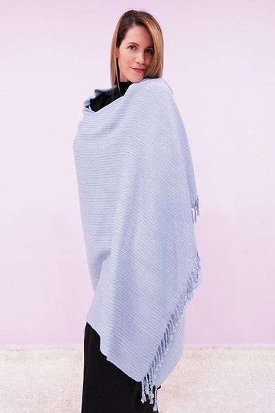 Defne&Apollon İpekçilik Hand Woven Peace Silk Wide Shawl 95 X 200 cm - Blue
