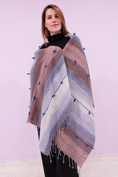 Defne&Apollon İpekçilik Hand-Woven Wool Shawl 65 X 205 cm - Blue-Brown