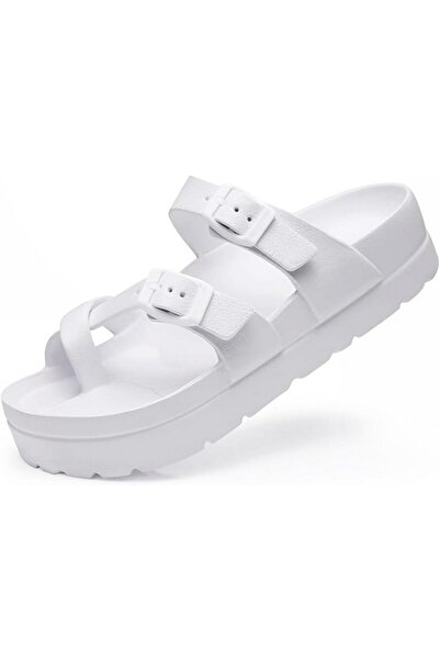Waysoland Papuci albi cu platforma cu catarama reglabila, confortabili dama, ...