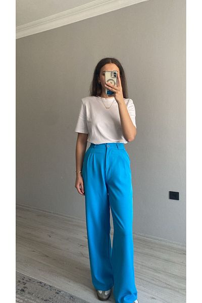 Niceboutique High Waist Clamp Detailed Palazzo Fabric Trousers