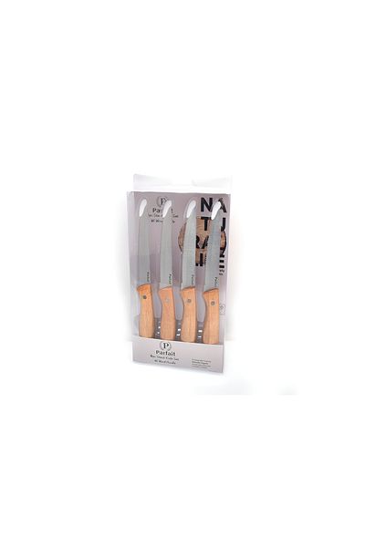 Parfait 4-Piece Steak Knife Set with Wooden Handle Silver and Brown