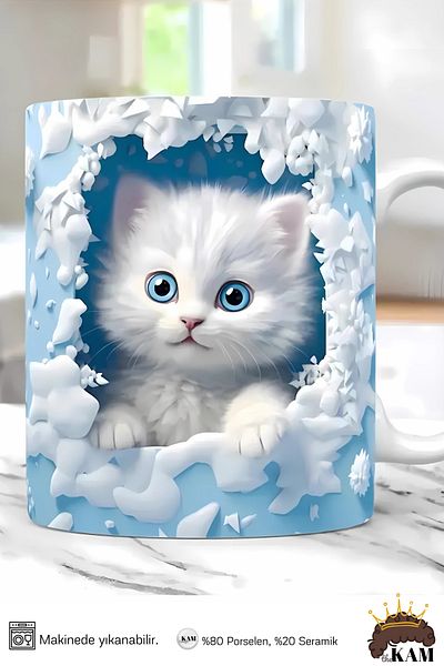 thekam Colorful Eyed Cat (Soft) Printed 3D Effect Gift Porcelain Mug, Cat Mug