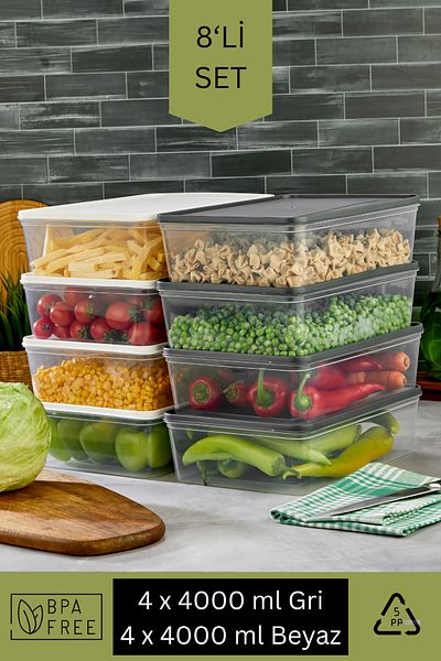 Espas Home Freshkeep Storage Container Set of 8 Suitable for Microwave and Deep Freezer - Gray / White / 8*4000 ml