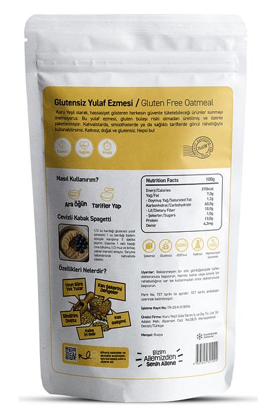Kuru Yeşil Gluten-Free Oatmeal 1 kg – Natural and Without Additives |   Breakfast Fiber Source