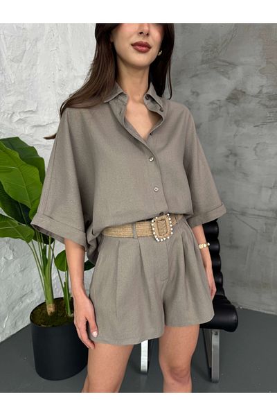 Elif Özbey Butik Mink Linen Shorts Set