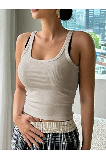 BNK Shop Thick Strap Fitted Ribbed Stretchy Knitted Crop Top Blouse