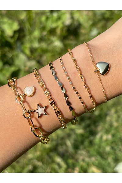 Eylülün Takısı Women's Gold Color 6-Piece Heart Star Bracelet Chain Set