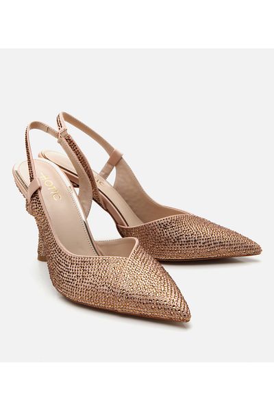 Hotiç Women's Gold Stone Open Back Heeled Shoes