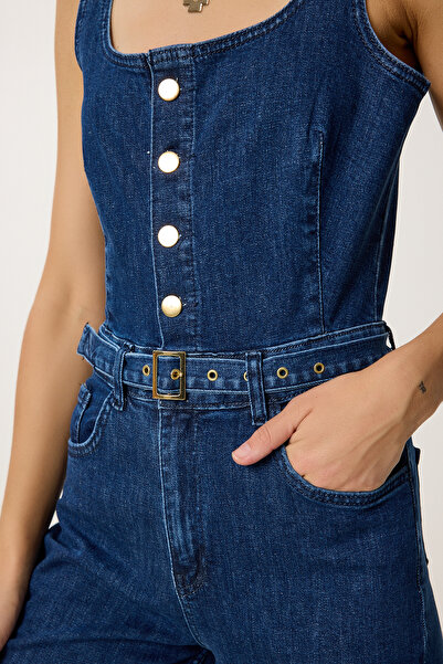 Lovelyİstanbul Askılı Kemerli Denim Tulum KOYU MAVİ LVW0001