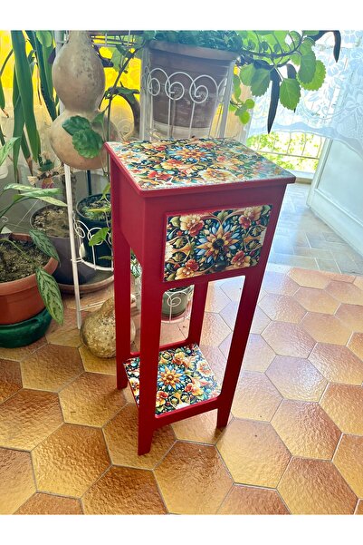 Bypinaryuksel Mini Ahşap Komodin ,Kırmızı Desen