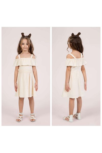 Dmb Girls' Off-The-Shoulder Zipper Closure Lace Embroidery Embroidered Muslin Fabric Woven Dress