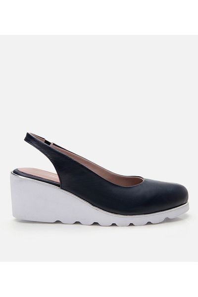 Hotiç Women's Leather Navy Blue Buckle Wedge Heeled Shoes
