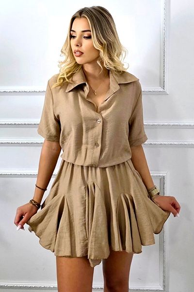 FashionForYou Rochie scurtă, casual, cu volane și revere, model bujor, bej, mărimea S/M